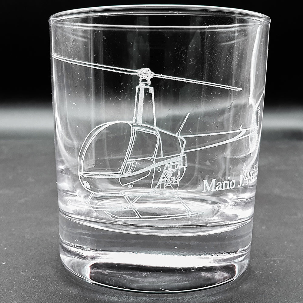 Robinson R22 Helicopter deisgn engraved on the side of a classic glass tumbler with name under the tail boom.