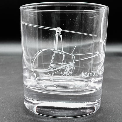 Robinson R22 Helicopter deisgn engraved on the side of a classic glass tumbler with name under the tail boom.