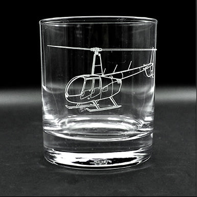 Straight sided glass tumbler engraved with our Robinson R44 Helicopter Artwork.