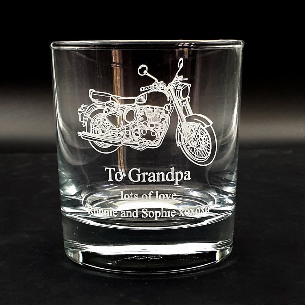 Classic 500 motorcycle glass tumbler engraved with a birthday message to grandpa.