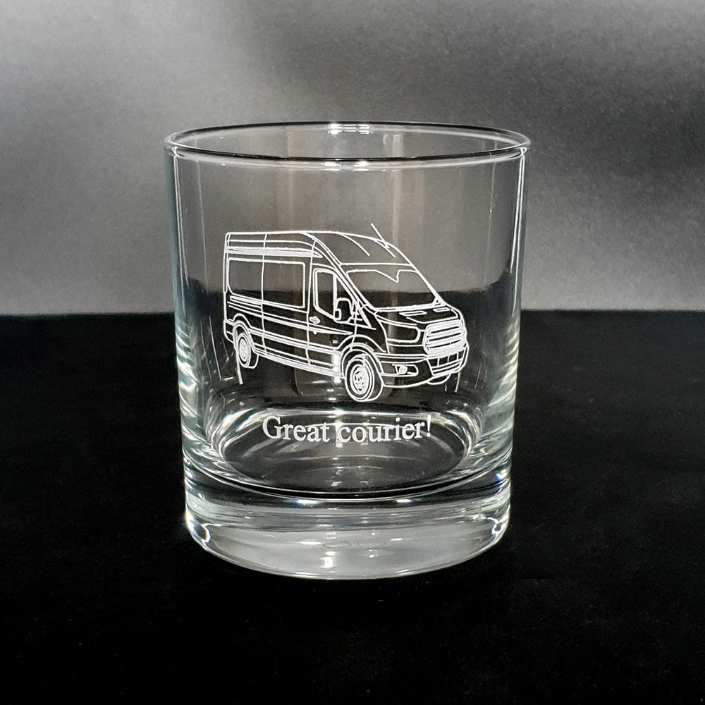 Transit Van artwork engraved on a classic plain glass tumbler