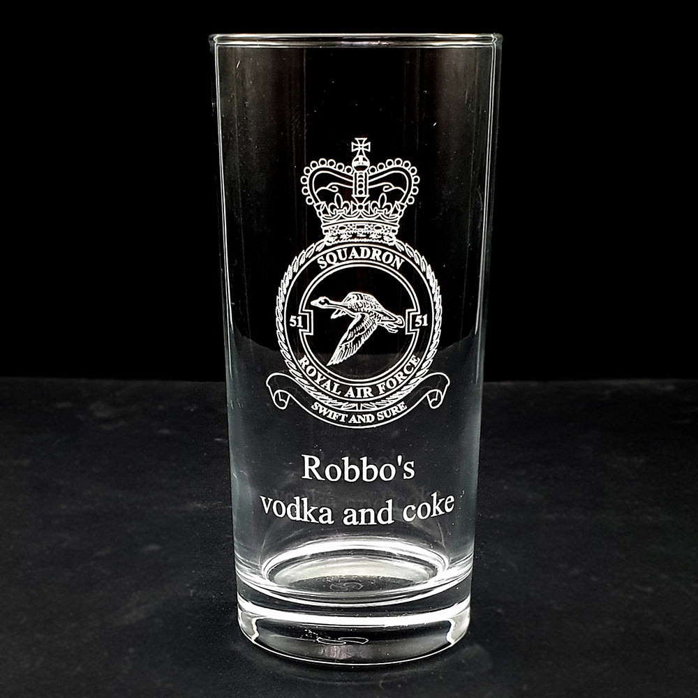 hiball tumbler glass with engraved Royal Air Force logo and text on a black background