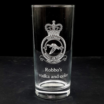 hiball tumbler glass with engraved Royal Air Force logo and text on a black background
