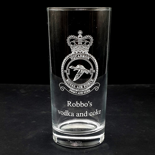 hiball tumbler glass with engraved Royal Air Force logo and text on a black background