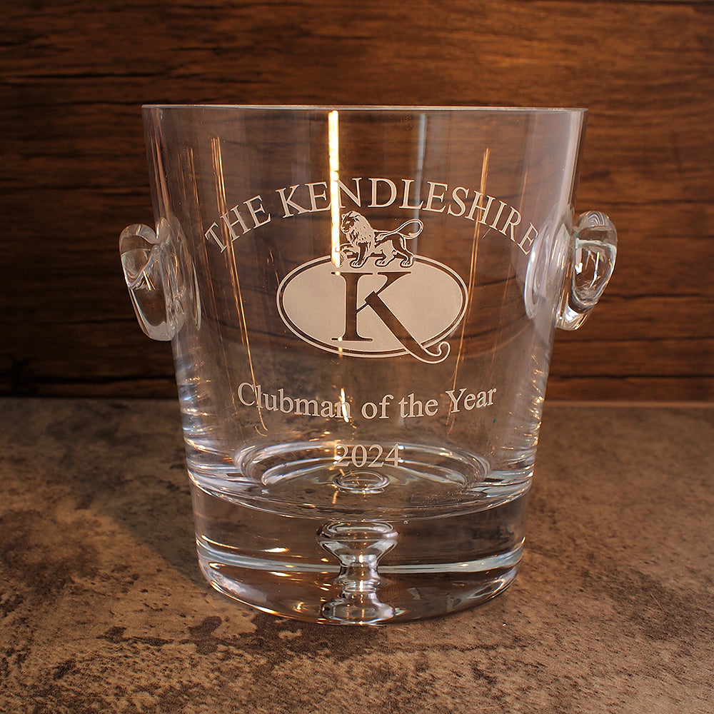 The Kendleshire logo and message engraved on Bubble base hand made Glass ice bucket