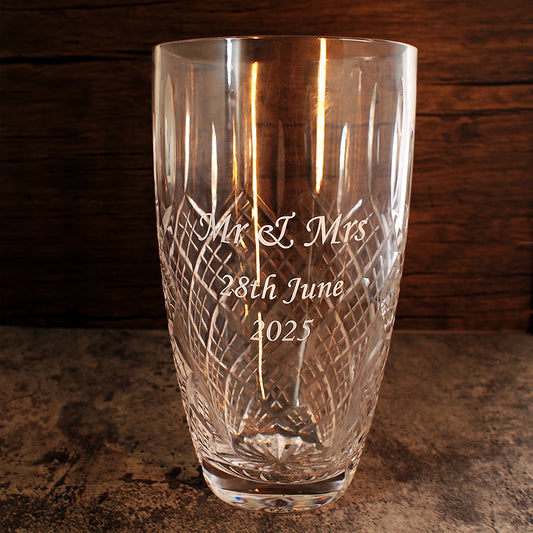 Mr & Mrs hand Cut glass Wedding Vase engraved