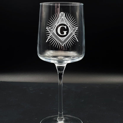 Masonic Compass & Set Square with Starburst Retro Wine Glass | Giftware Engraved