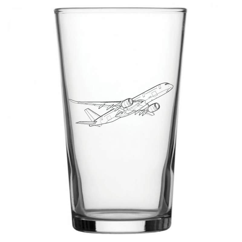 mockup image of Pint Beer Glass engraved with Airbus A350 Aircraft Artwork | Giftware Engraved