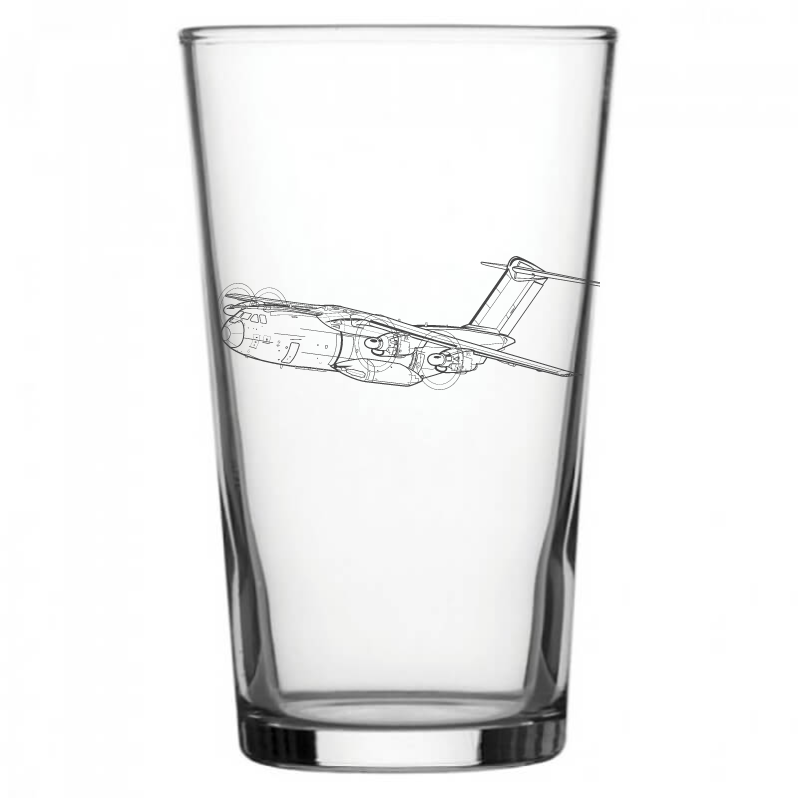 mockup image of Pint Beer Glass engraved with Airbus Atlas Aircraft Artwork | Giftware Engraved