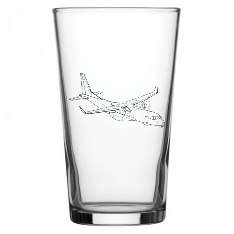 mockup image of Pint Beer Glass engraved with Airbus C295 Aircraft Artwork | Giftware Engraved