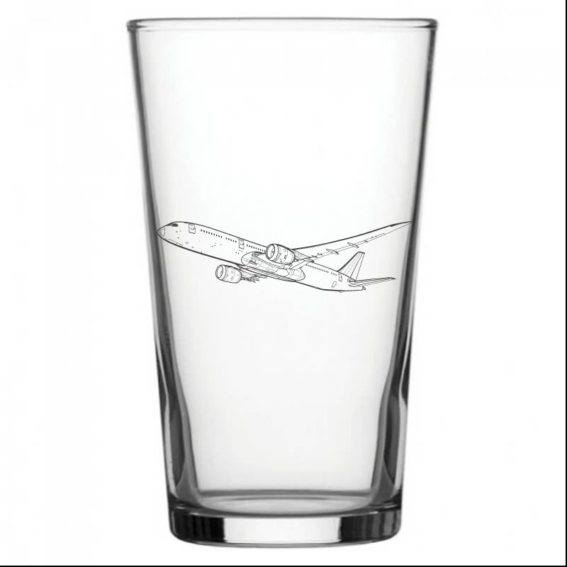 mockup image of Pint Beer Glass engraved with Boeing 787 Dreamliner Aircraft Artwork | Giftware Engraved