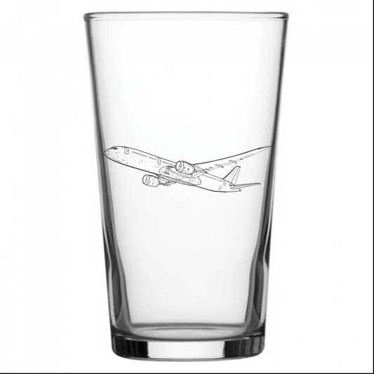 mockup image of Pint Beer Glass engraved with Boeing 787 Dreamliner Aircraft Artwork | Giftware Engraved