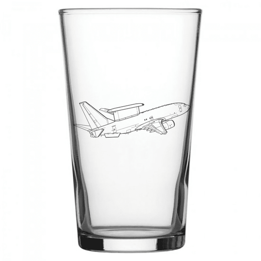 mockup image of Pint Beer Glass engraved with Boeing E7 Wedgetail Aircraft Artwork | Giftware Engraved
