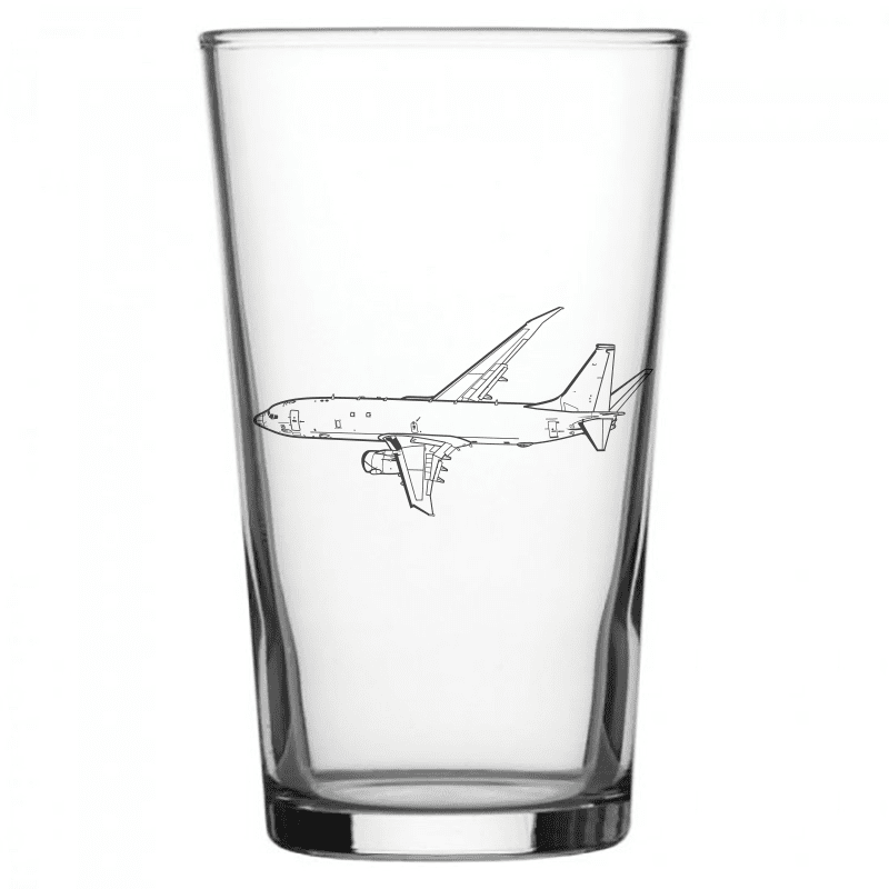 mockup image of Pint Beer Glass engraved with Boeing P8 Poseidon Aircraft Artwork | Giftware Engraved