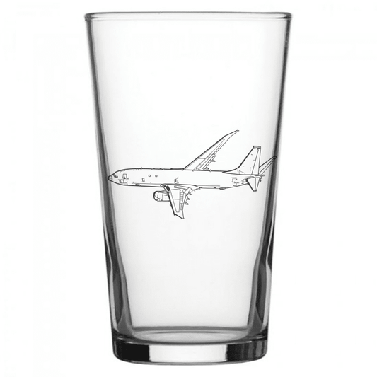 mockup image of Pint Beer Glass engraved with Boeing P8 Poseidon Aircraft Artwork | Giftware Engraved