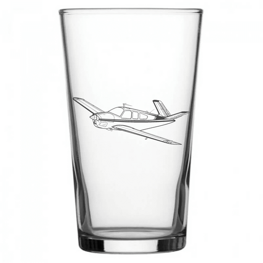 mockup image of Pint Beer Glass engraved with Beechcraft Bonanza Aircraft Artwork | Giftware Engraved