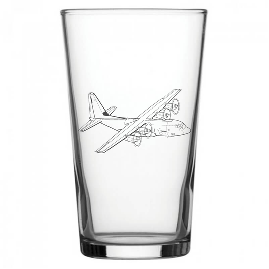 mockup image of Pint Beer Glass engraved with C130 Hercules Aircraft Artwork | Giftware Engraved