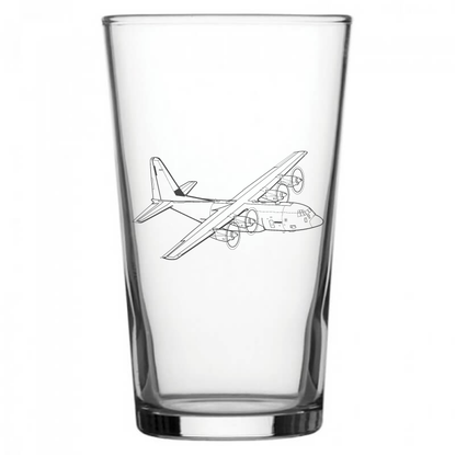 mockup image of Pint Beer Glass engraved with C130 Hercules Aircraft Artwork | Giftware Engraved