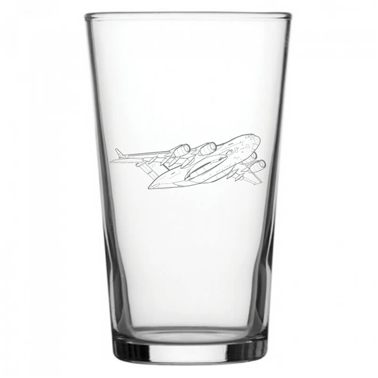 mockup image of Pint Beer Glass engraved with C17 Globemaster Aircraft Artwork | Giftware Engraved