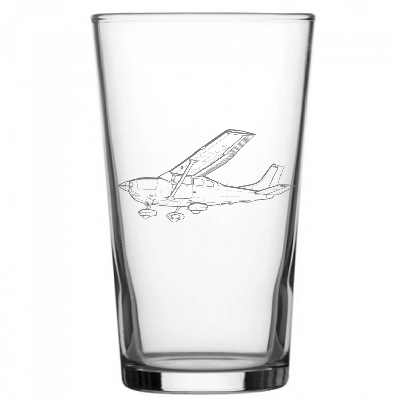 mockup image of Pint Beer Glass engraved with Cessna 206 Aircraft Artwork | Giftware Engraved