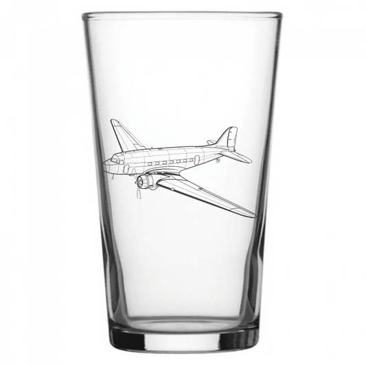 mockup image of Pint Beer Glass engraved with Douglas DC3 Aircraft Artwork | Giftware Engraved