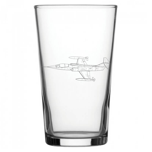 mockup image of Pint Beer Glass engraved with Lockheed F104 Starfighter Aircraft Artwork | Giftware Engraved
