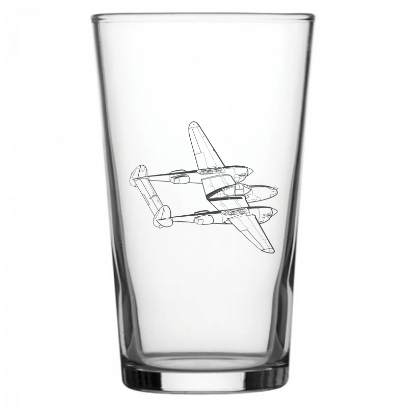 mockup image of Pint Beer Glass engraved with P38 Lightning Aircraft Artwork | Giftware Engraved