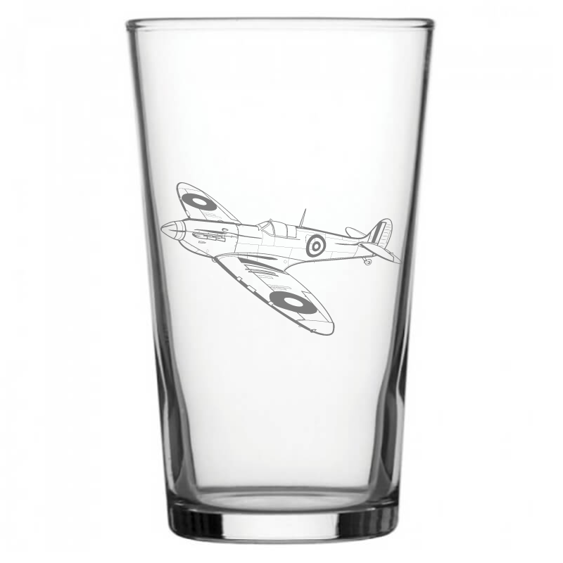 mockup image of Pint Beer Glass engraved with Supermarine Spitfire Aircraft Artwork | Giftware Engraved