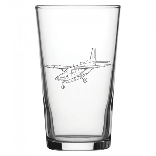 mockup image of Pint Beer Glass engraved with Quest Daher Kodiak Aircraft Artwork | Giftware Engraved