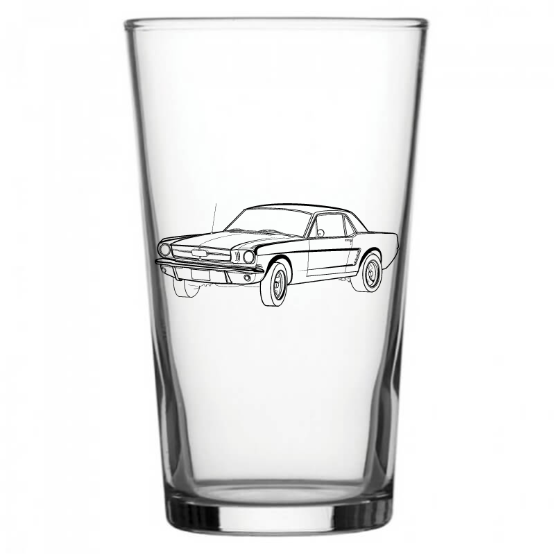 mockup image of Pint Beer Glass engraved with Ford Mustang 65 Coupe Artwork | Giftware Engraved