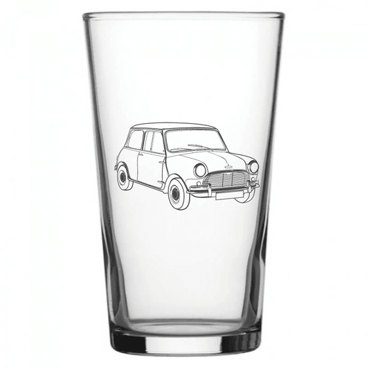 mockup image of Pint Beer Glass engraved with Mini Cooper Artwork | Giftware Engraved