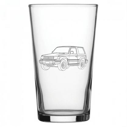 mockup image of Pint Beer Glass engraved with Mitibishi Pajero Shogun Jeep Artwork | Giftware Engraved