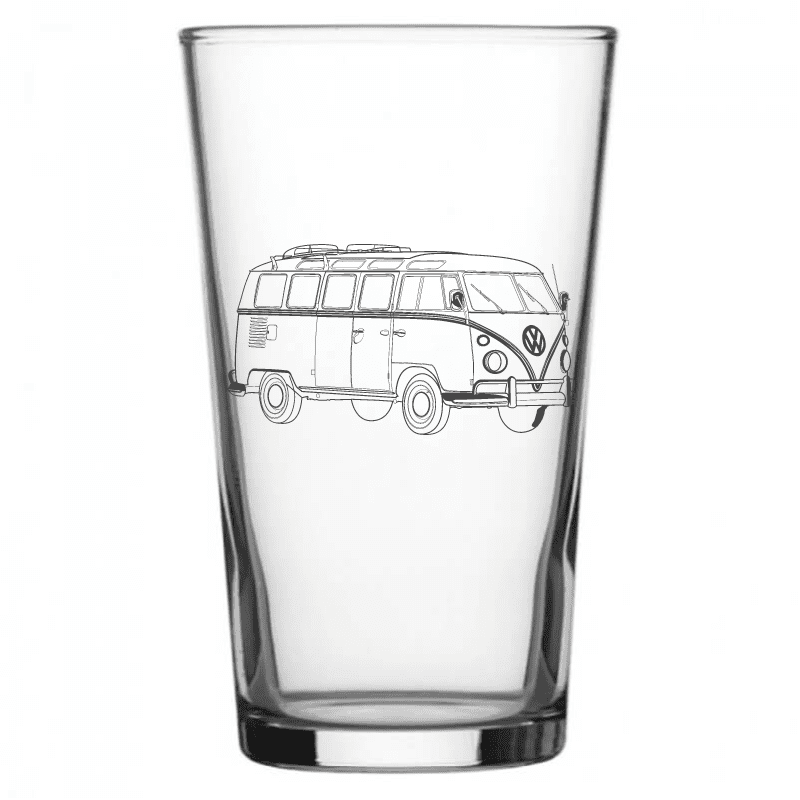 mockup image of Pint Beer Glass engraved with VW Campervan Artwork | Giftware Engraved