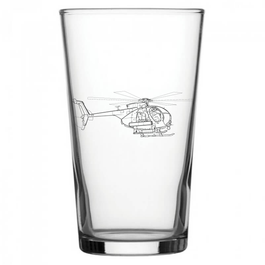 mockup image of Pint Beer Glass engraved with AH6 Little Bird Helicopter Artwork | Giftware Engraved