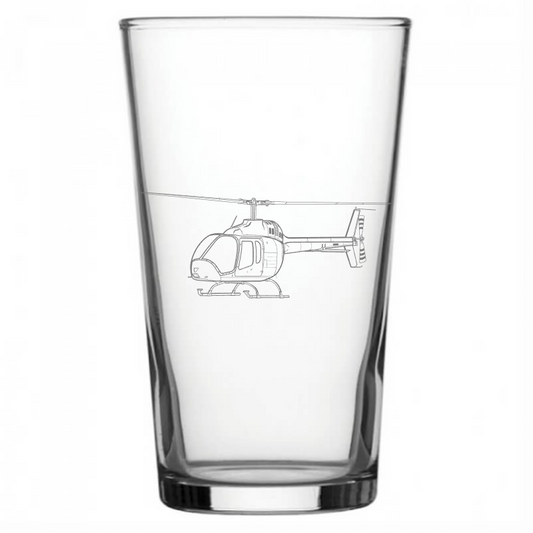 mockup image of Pint Beer Glass engraved with Bell 505 Jet Ranger X Helicopter Artwork | Giftware Engraved