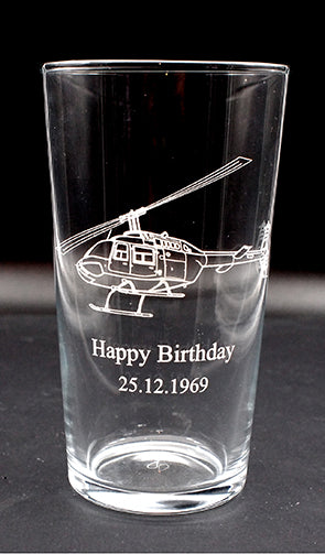 Bell Jet Ranger Helicopter Engraved on Beer glass with Personal Birthday Message | Giftware Engraved