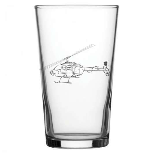 mockup image of Pint Beer Glass engraved with Bell 206 Jet Ranger Helicopter Artwork | Giftware Engraved