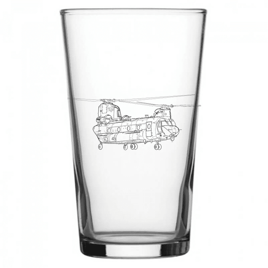 mockup image of Pint Beer Glass engraved with Chinook Helicopter Artwork | Giftware Engraved