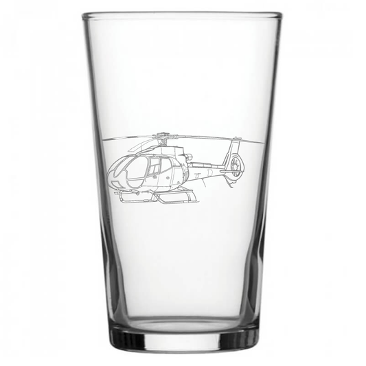 mockup image of Pint Beer Glass engraved with EC130 Eurocopter Helicopter Artwork | Giftware Engraved