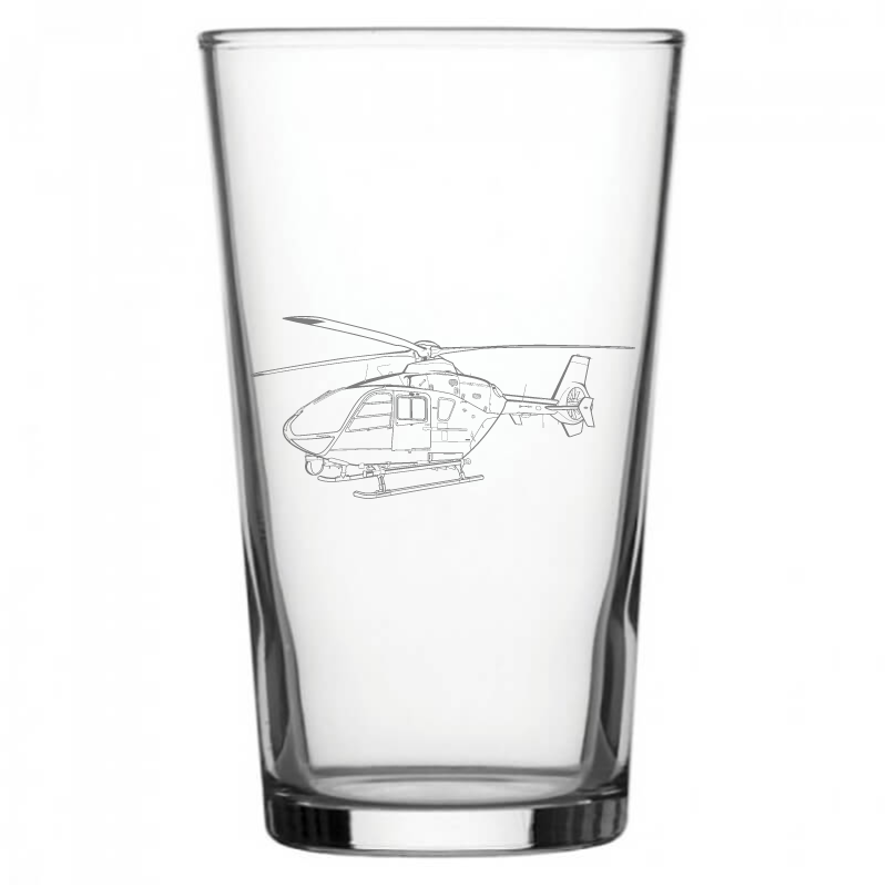 mockup image of Pint Beer Glass engraved with EC 135 Eurocopter Helicopter Artwork | Giftware Engraved