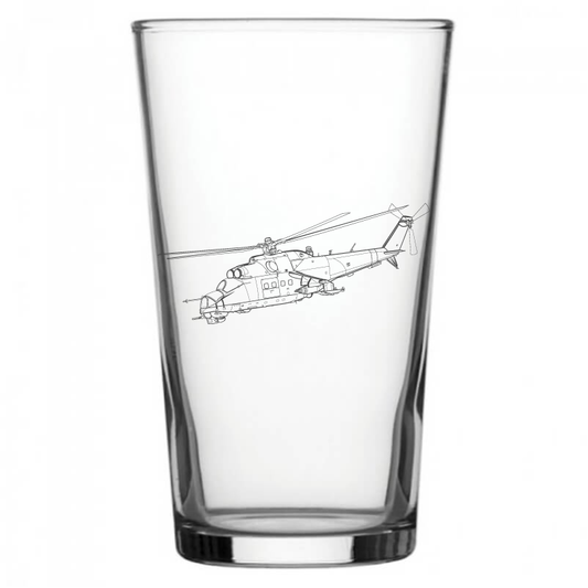 mockup image of Pint Beer Glass engraved with MI24 Hind Helicopter Artwork | Giftware Engraved