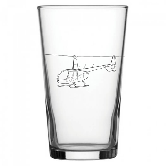 mockup image of Pint Beer Glass engraved with Robinson R44 Helicopter Artwork | Giftware Engraved