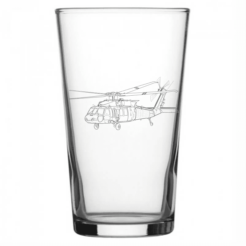 mockup image of Pint Beer Glass engraved with UH60 Blackhawk Helicopter Artwork | Giftware Engraved