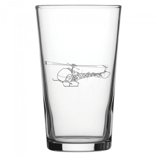 mockup image of Pint Beer Glass engraved with Bell 47 Sioux Helicopter Artwork | Giftware Engraved