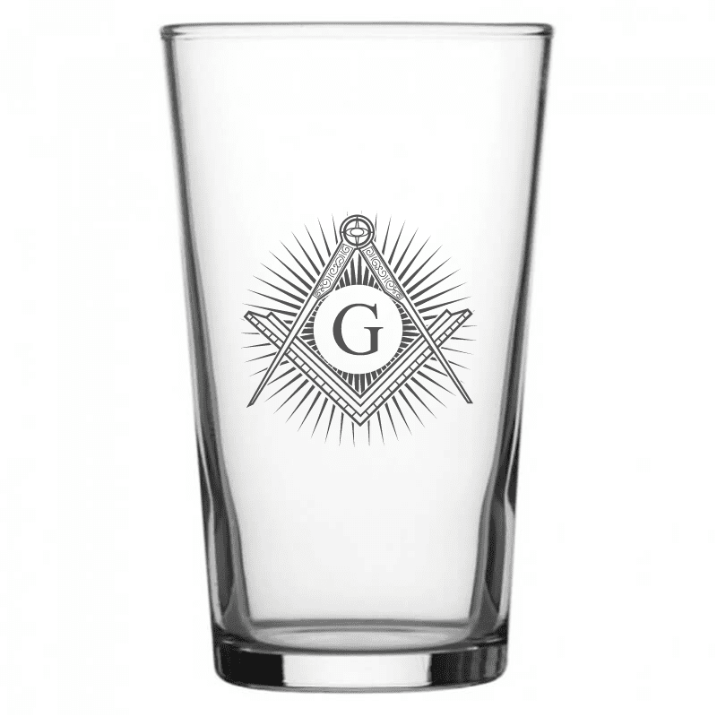 mockup image of Pint Beer Glass engraved with Masonic Compass & Set Square with Starburst Artwork | Giftware Engraved