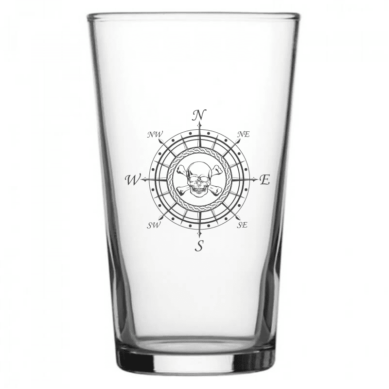 mockup image of Pint Beer Glass engraved with Skull Compass Artwork | Giftware Engraved