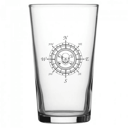mockup image of Pint Beer Glass engraved with Skull Compass Artwork | Giftware Engraved