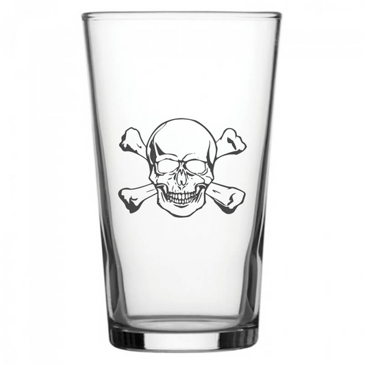 mockup image of Pint Beer Glass engraved with Skull & Crossbones Artwork | Giftware Engraved
