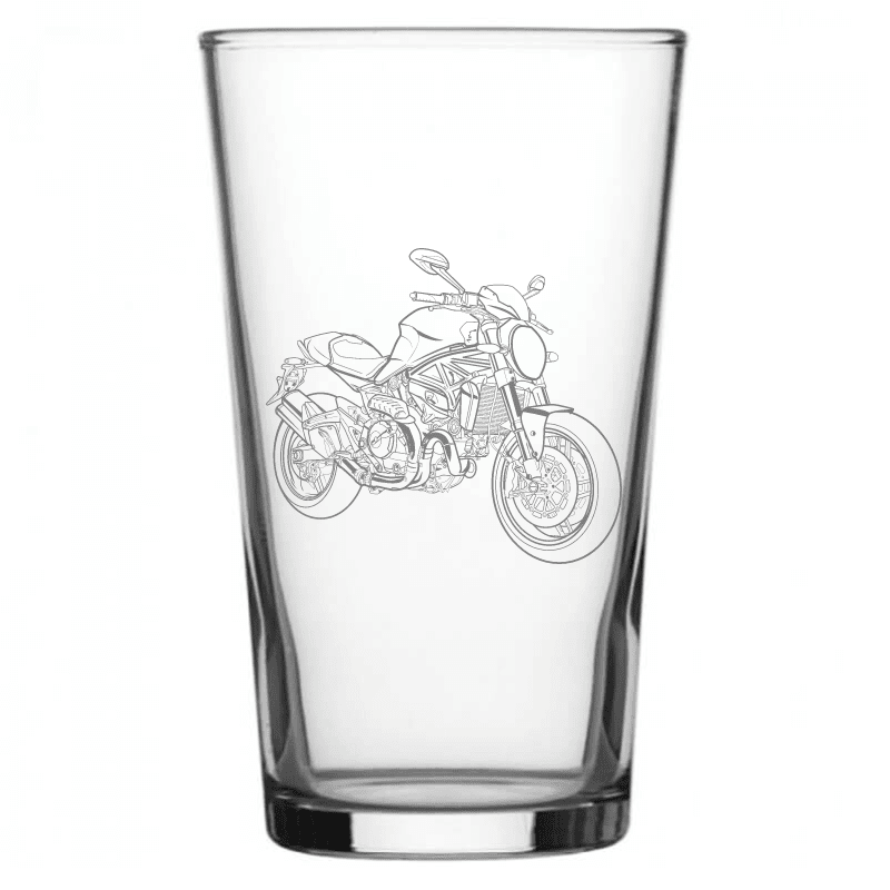 mockup image of Pint Beer Glass engraved with Ducati Monster Motorcycle Artwork | Giftware Engraved