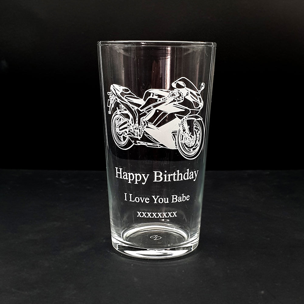 Racing Bike engraved with Personalised Birthday Message on Beer Glass | Giftware Engraved